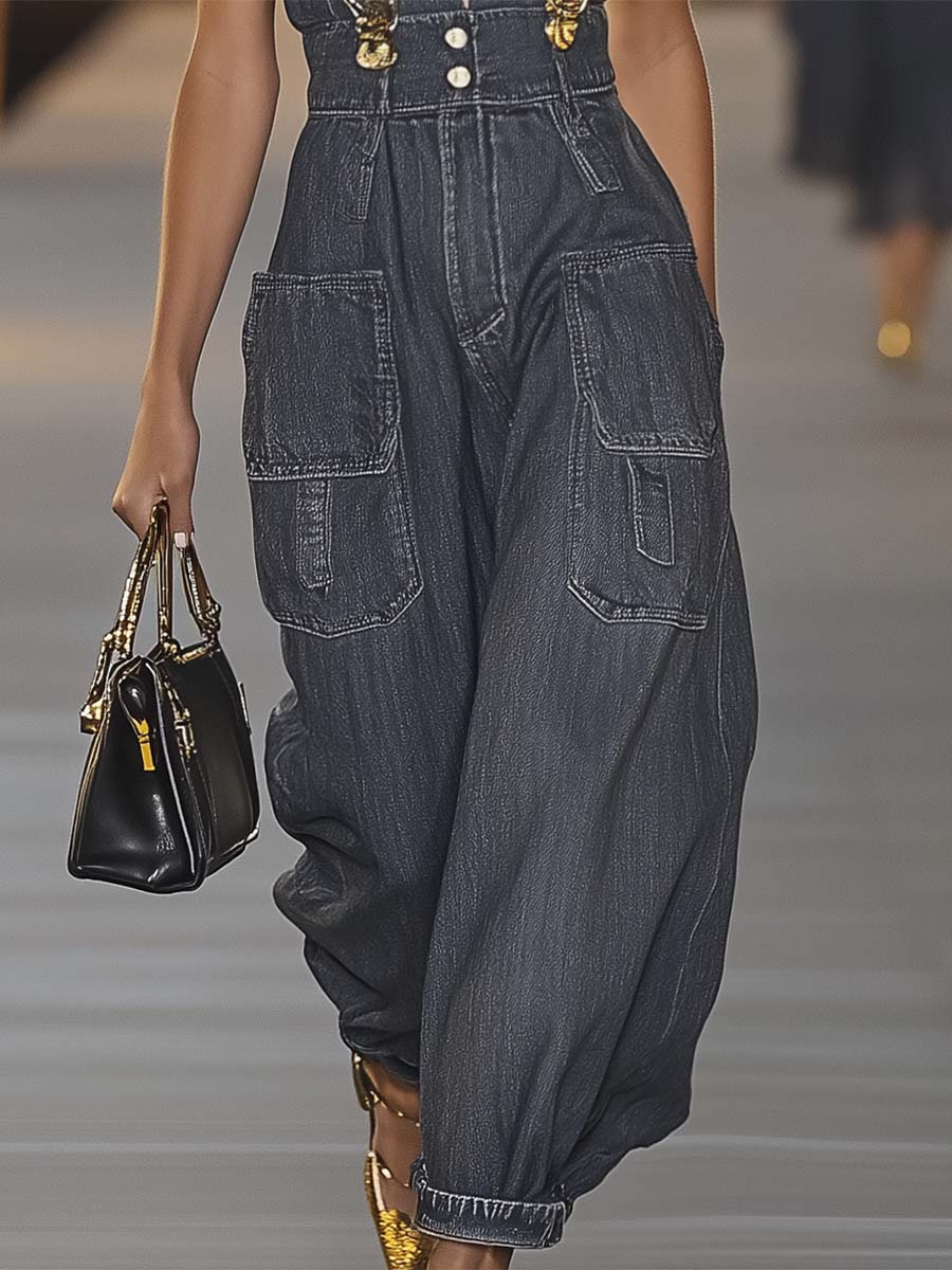 Hazel | This Chic V-Neck Denim Suspender Jumpsuit