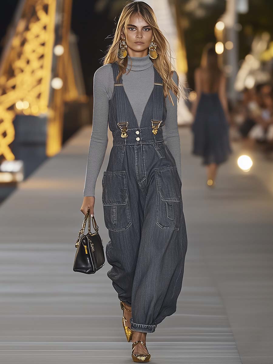 Hazel | This Chic V-Neck Denim Suspender Jumpsuit