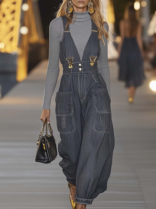Hazel | This Chic V-Neck Denim Suspender Jumpsuit