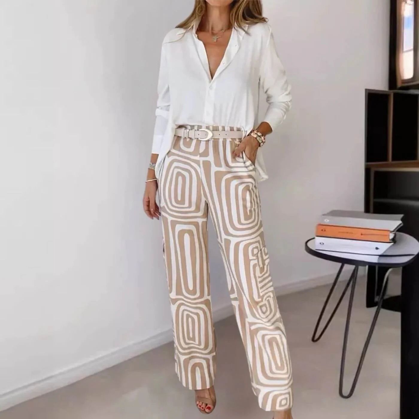 Clara | This Casual Blouse and Pants Set with Belted Look