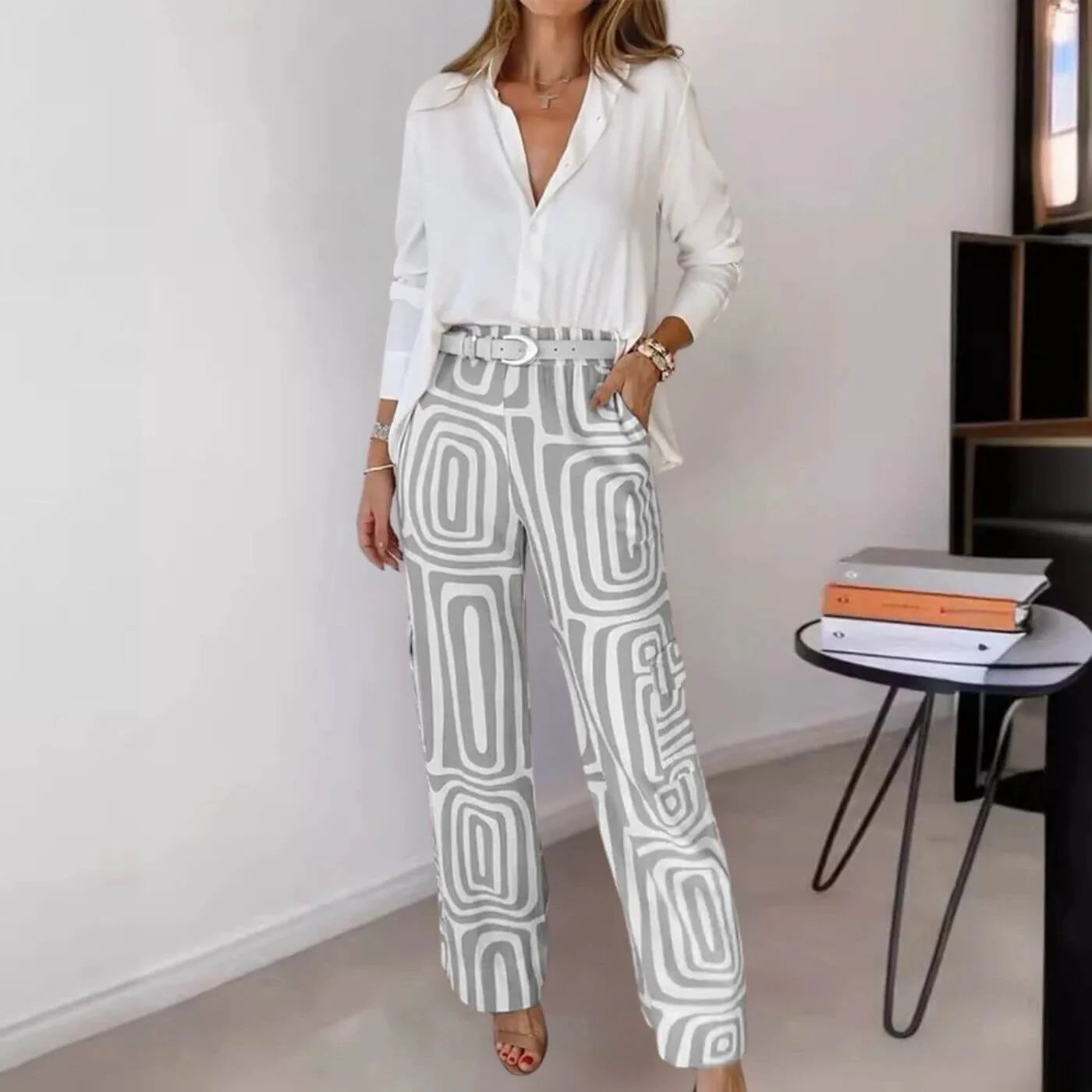 Clara | This Casual Blouse and Pants Set with Belted Look