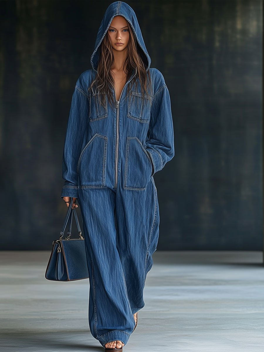 Aria | This Casual Retro Zipper Denim Jumpsuit
