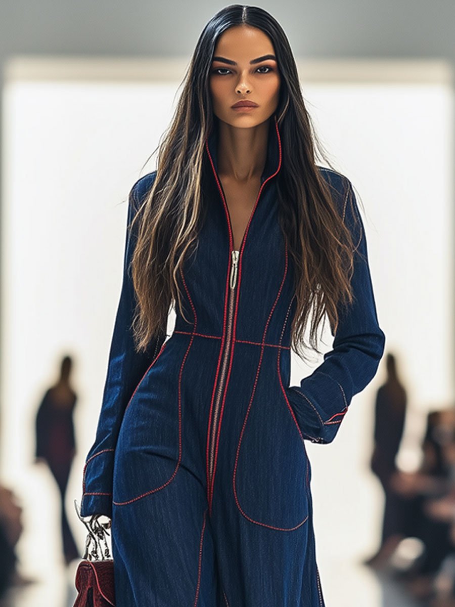 Luna | This Casual Red-Stitch Denim Jumpsuit